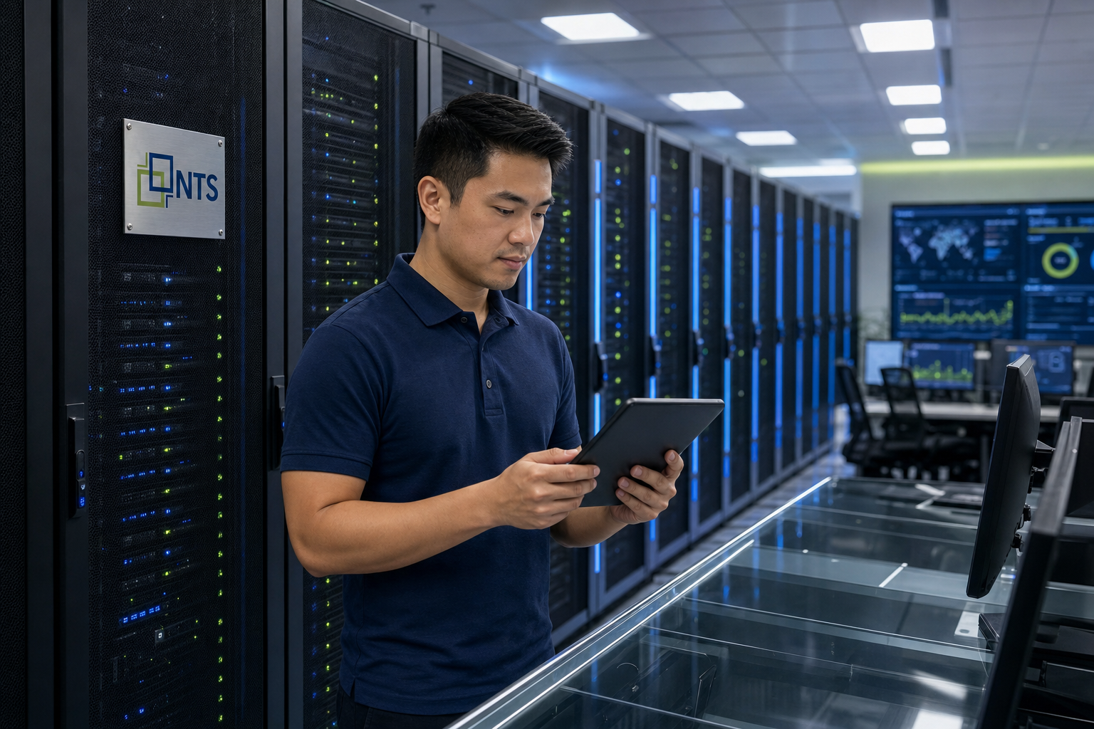 NTS help center — support engineer reviewing systems in the NOC