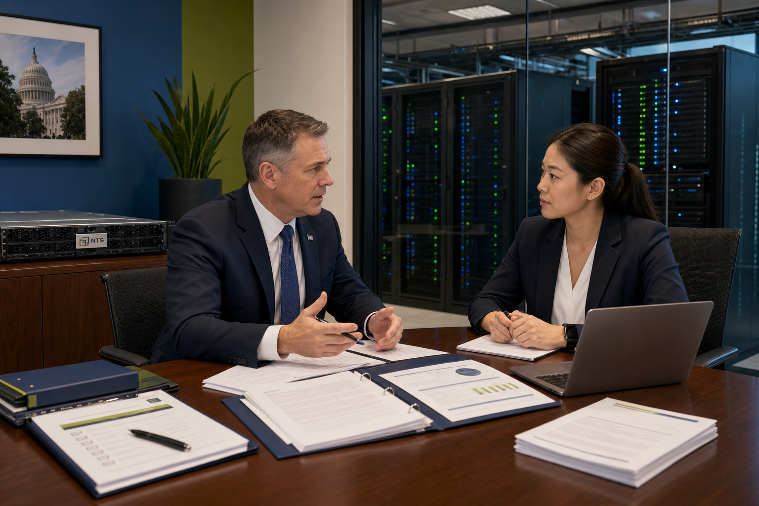 Contracting officer and engineer reviewing procurement documents