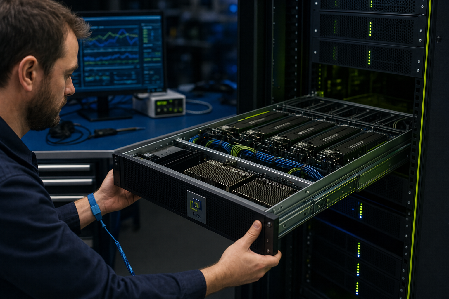 NTS engineer servicing a GPU server on rack rails