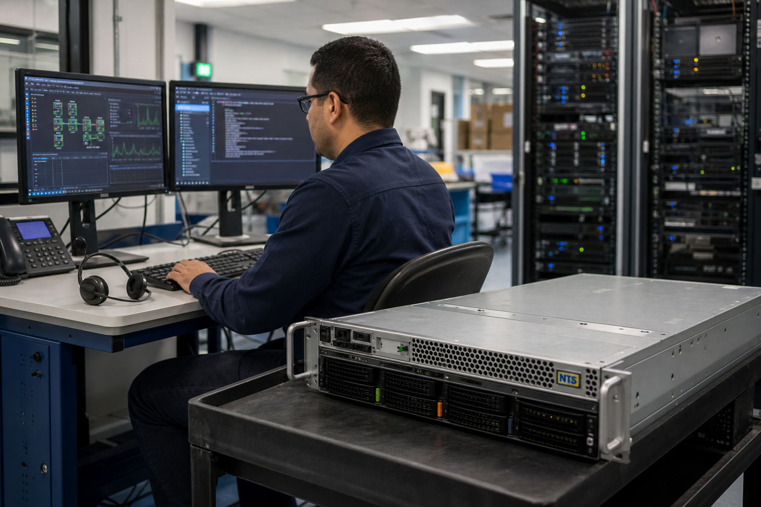 NTS technical support engineer diagnosing a server