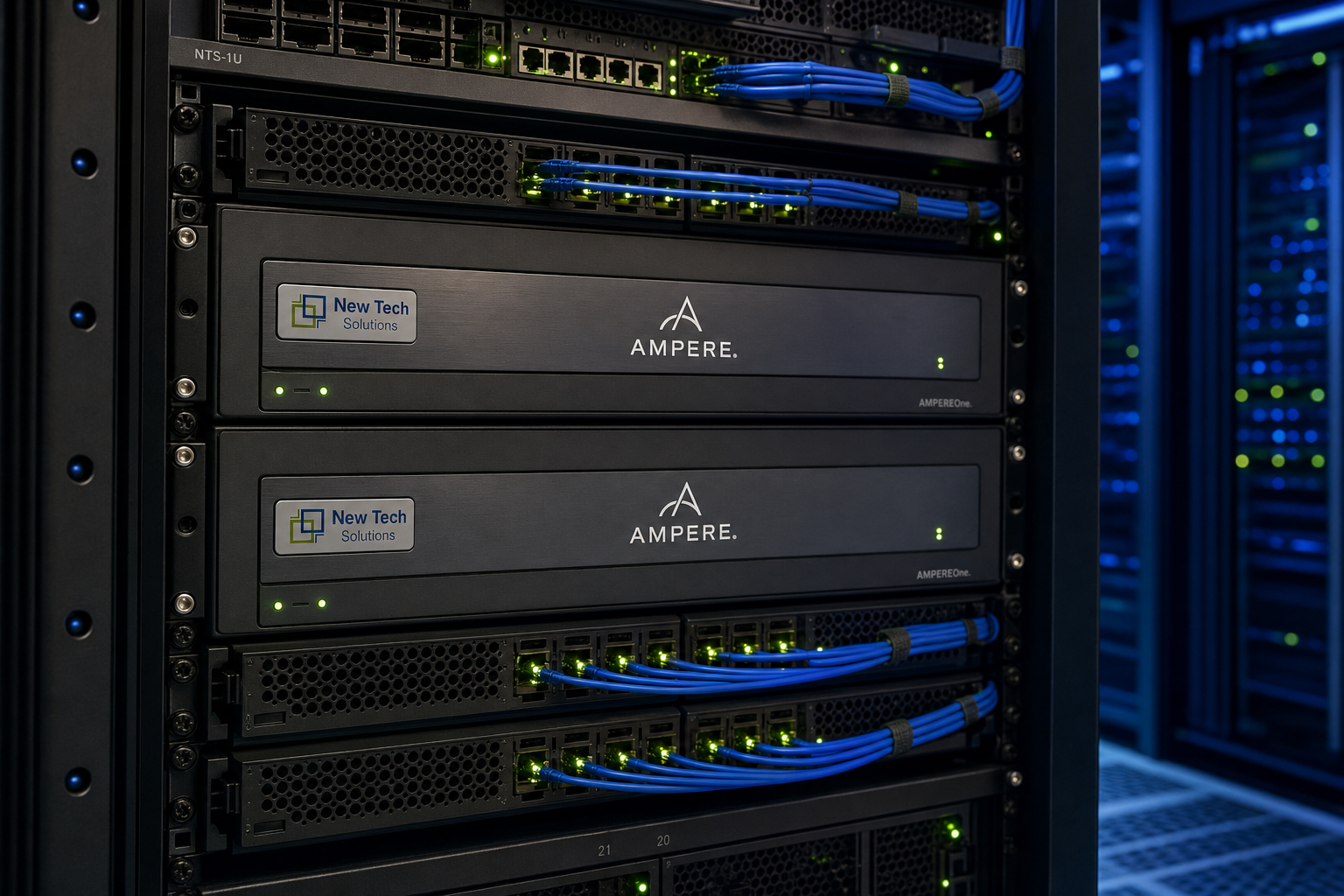 Ampere arm64 servers in a rack with NTS plaque