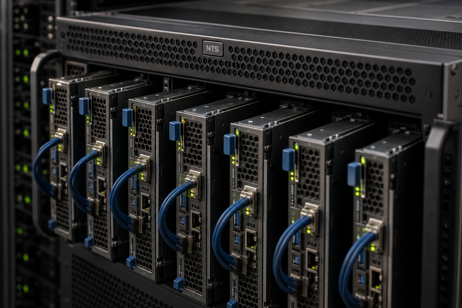 High-density blade server chassis with NTS plaque