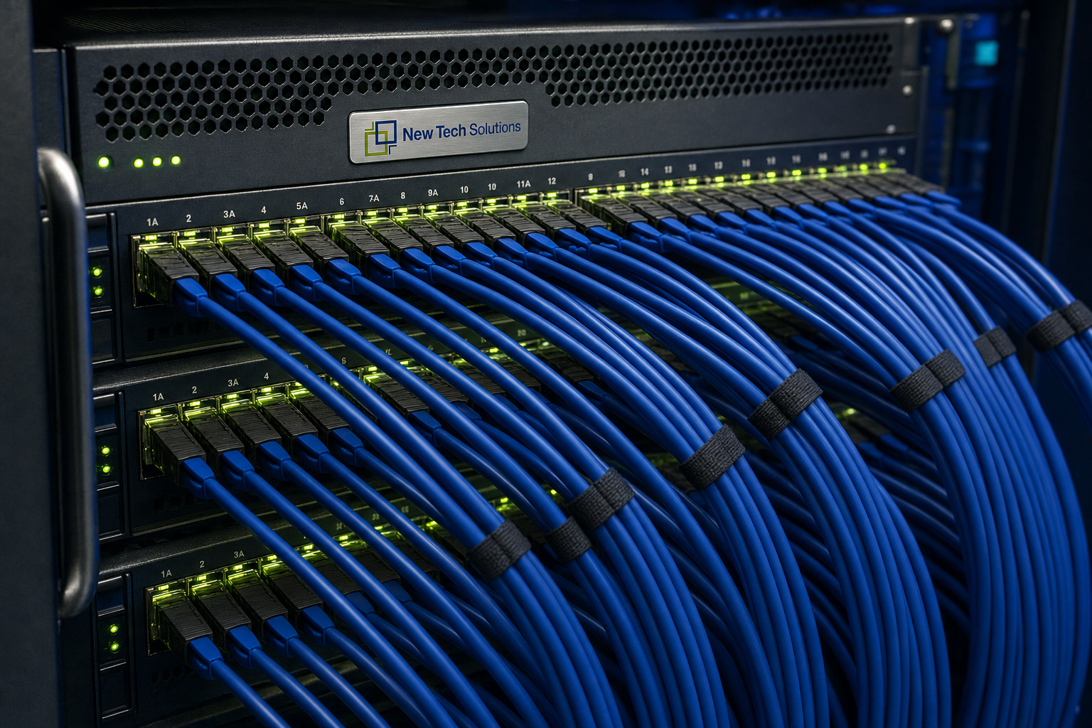 InfiniBand and RoCE fabric switches with organized navy QSFP cabling