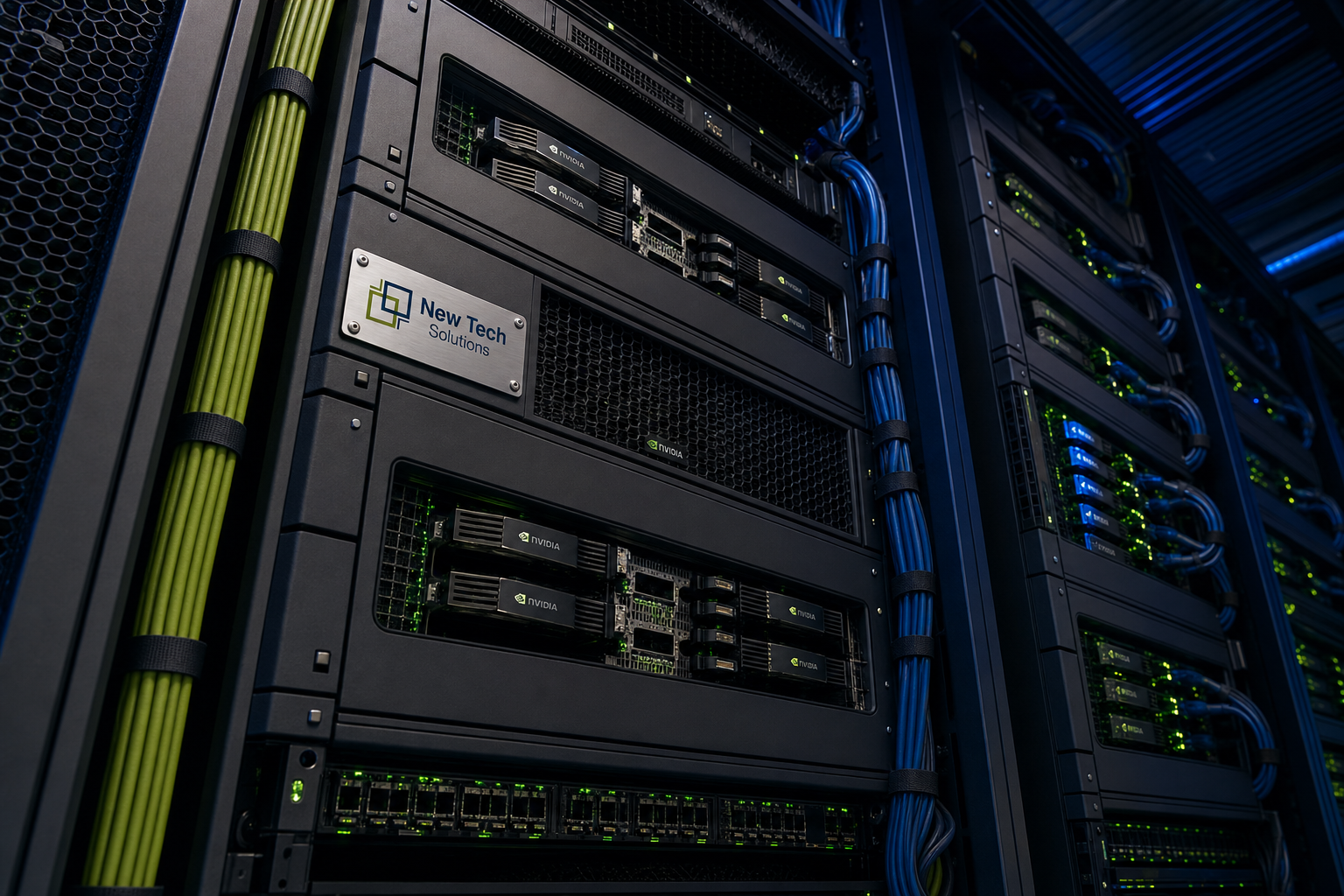 GPU deep learning training pod with NTS branded server plaque