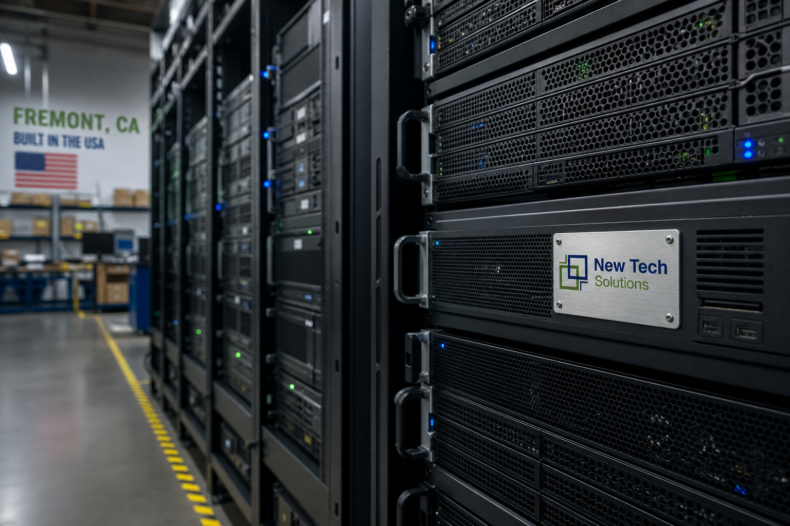 NTS Fremont staging facility aisle with NTS plaque on server chassis