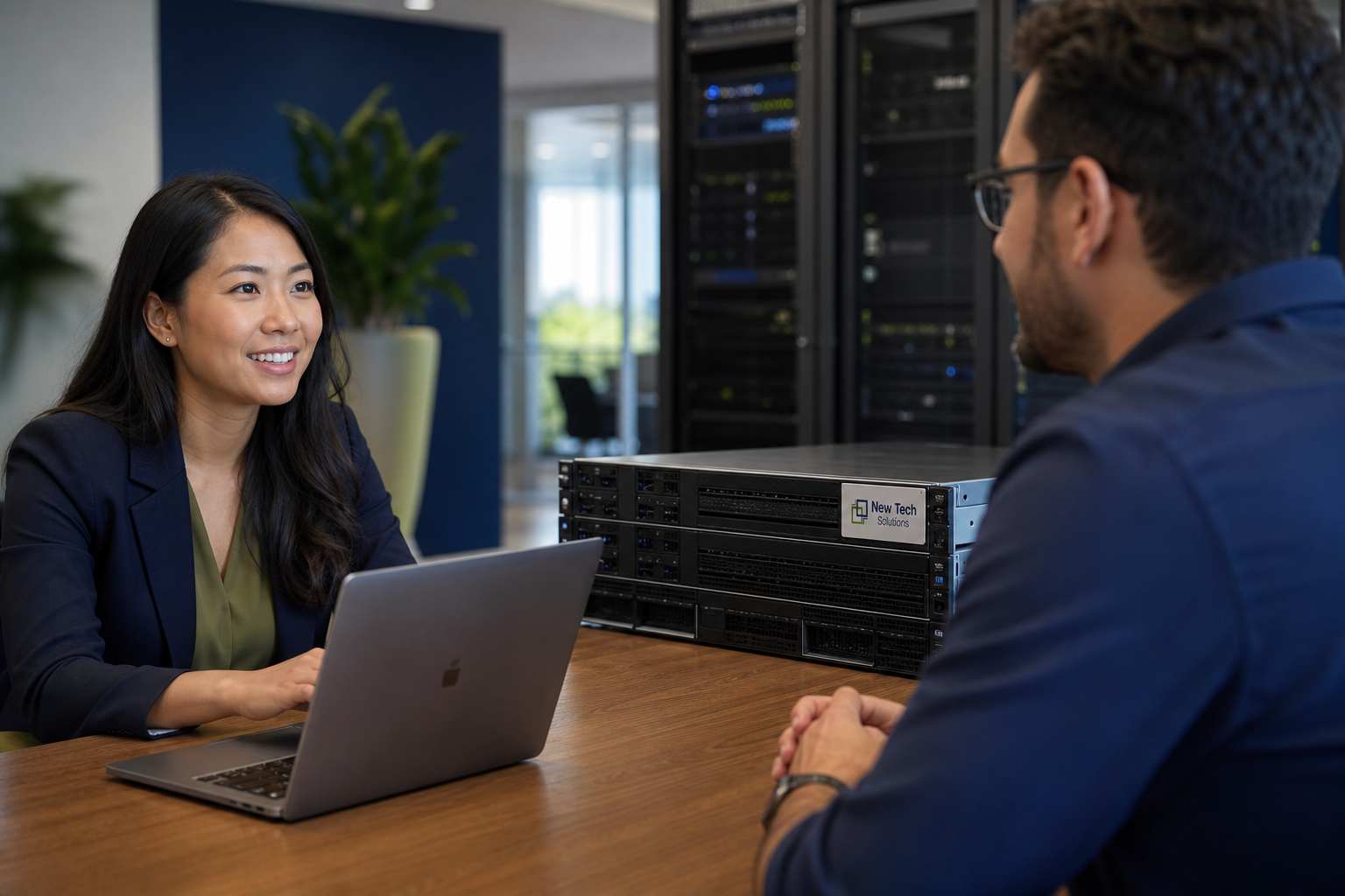 NTS sales consultation desk with branded enterprise server hardware