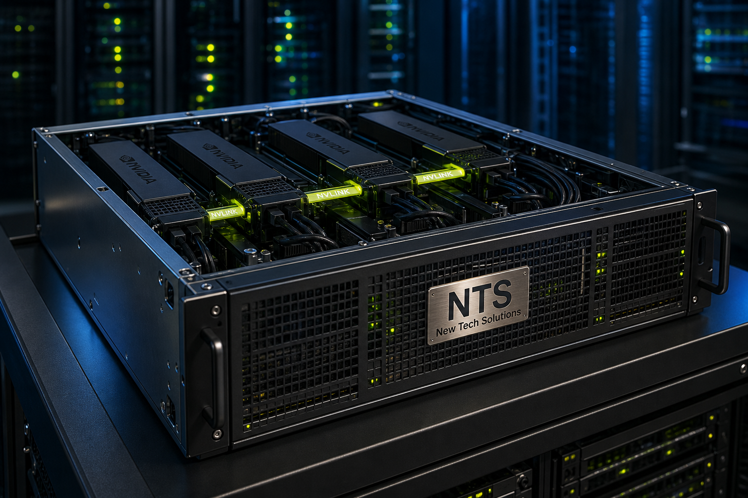 GPU deep learning training rack with NTS branded plaque