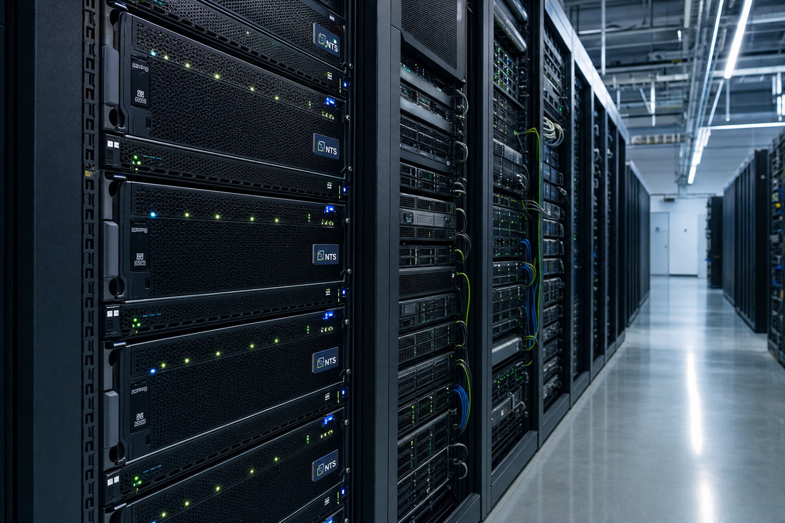 NTS Fremont facility with branded plaque on enterprise server hardware
