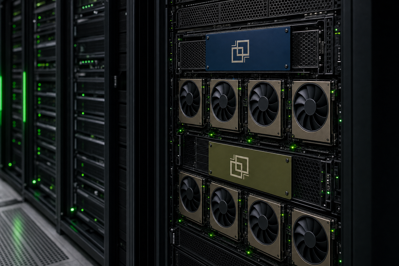GPU AI servers with NTS brand plaque on chassis in staging aisle