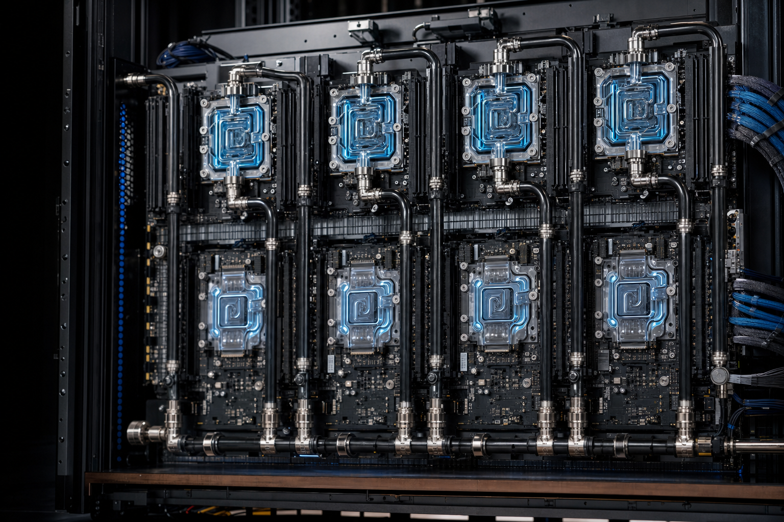Liquid-cooled HGX GPU rack row ready for training