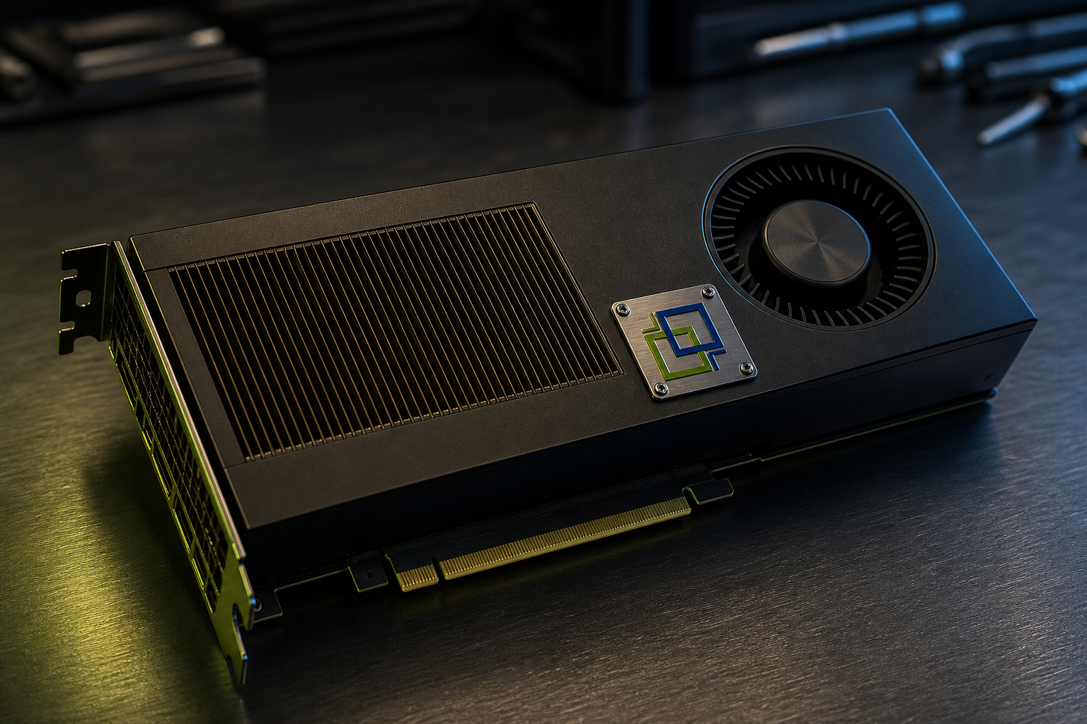 NVIDIA-class professional GPU board with NTS plaque on cooler shroud