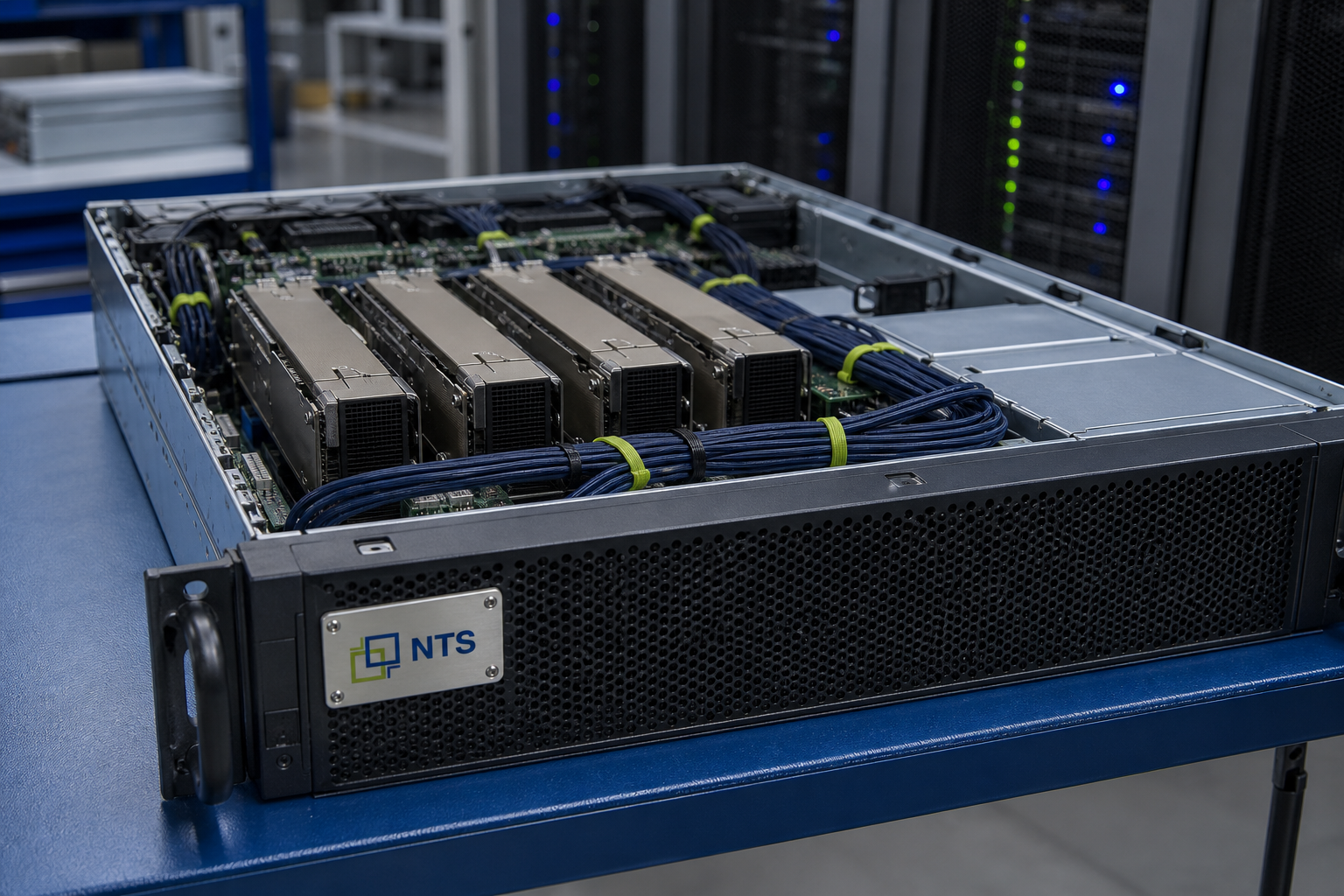 Data-center PCIe GPUs seated in a 2U chassis tray with NTS bezel plaque