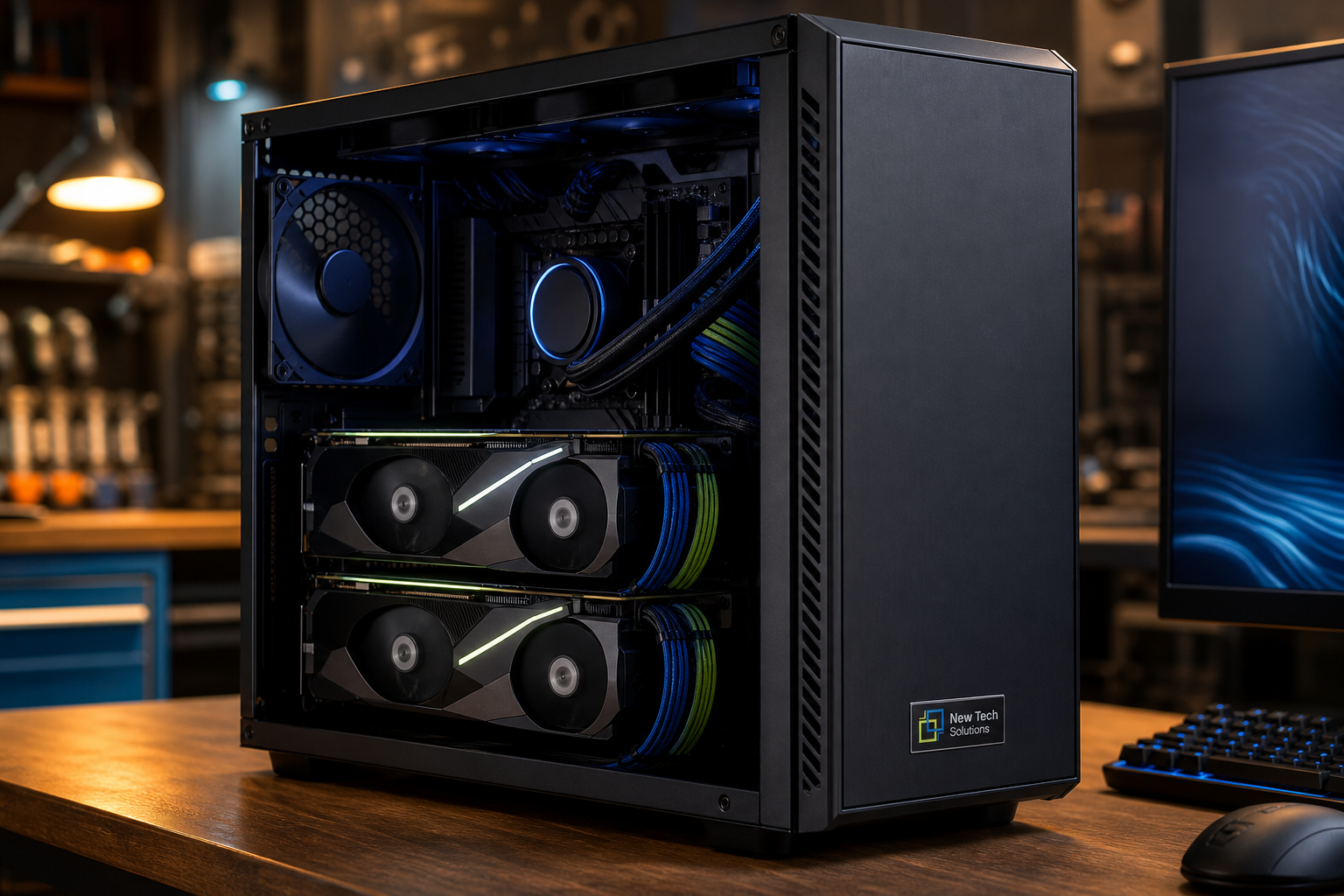 Workstation tower with dual professional GPUs and NTS front plaque