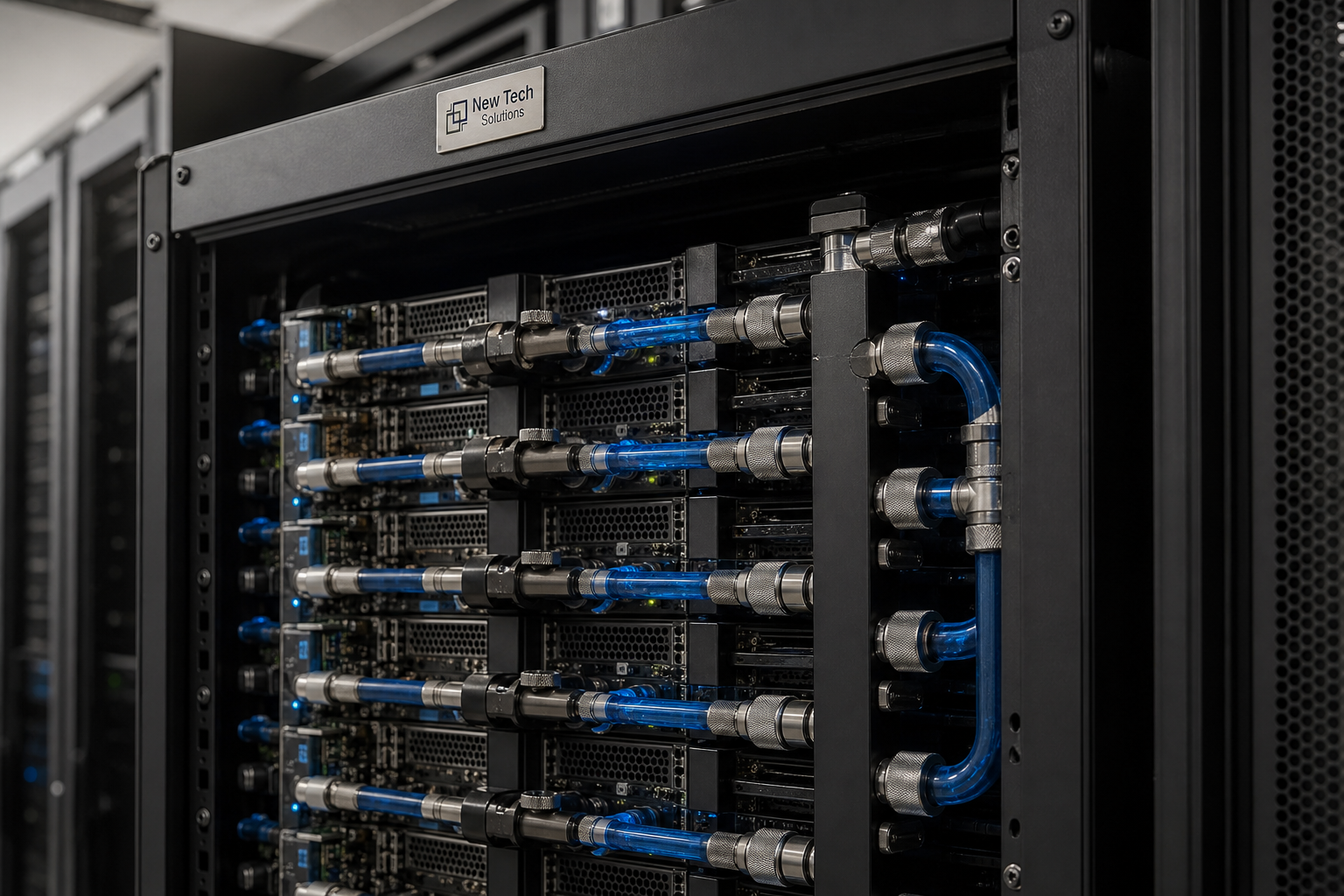 Direct liquid-cooled GPU AI rack with coolant manifolds and NTS plaque