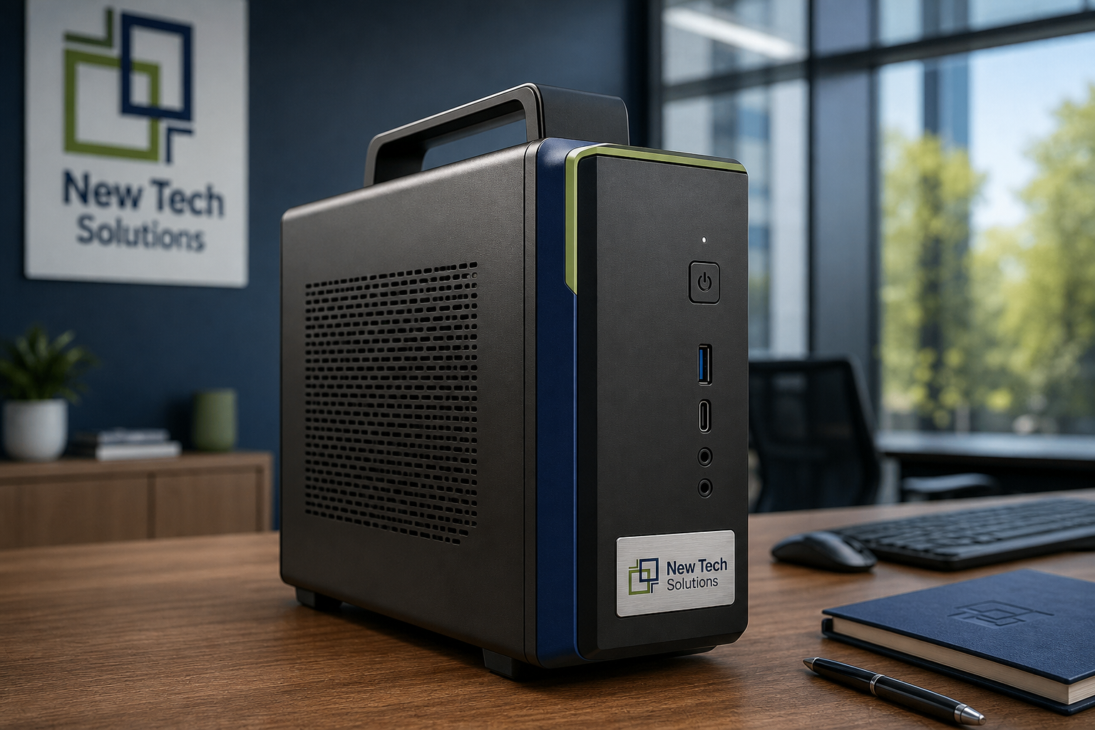 Compact NTS small-form-factor workstation on a desk