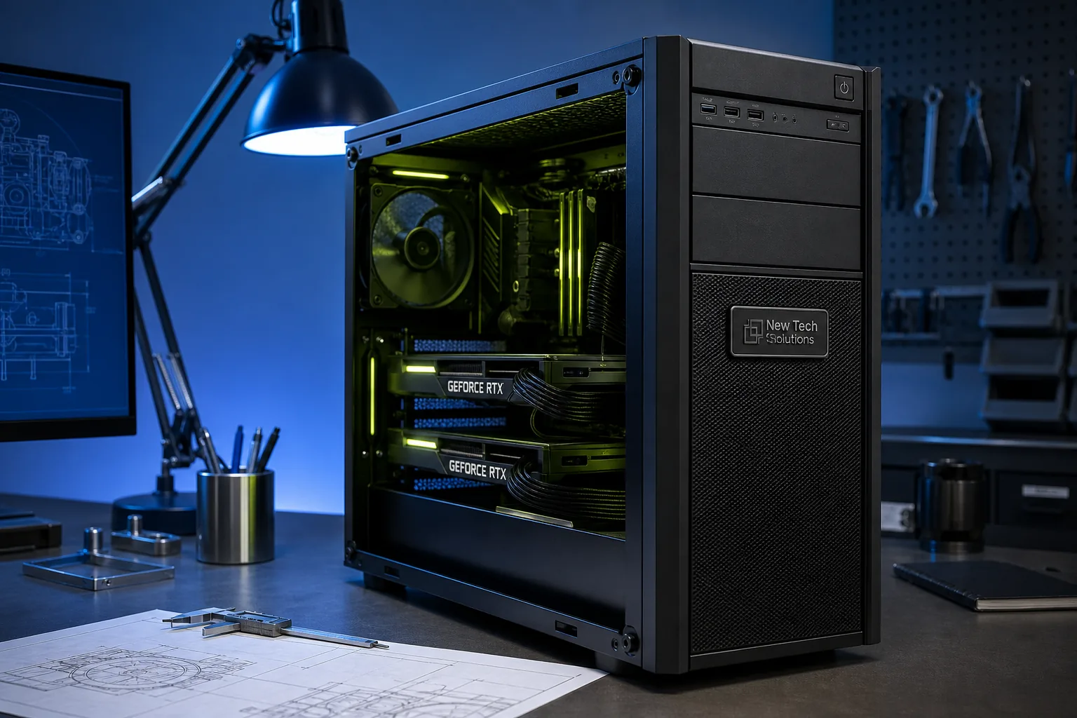 NTS workstation tower with physical brand plaque for CAD and design workloads
