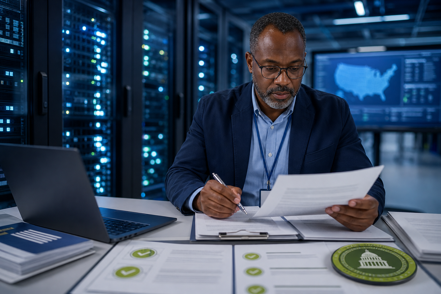 Federal procurement specialist reviewing contract compliance documentation alongside secure server integration