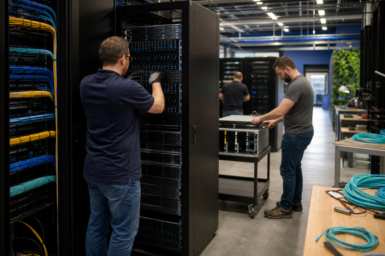 NTS engineers staging server racks with structured cabling before datacenter deployment
