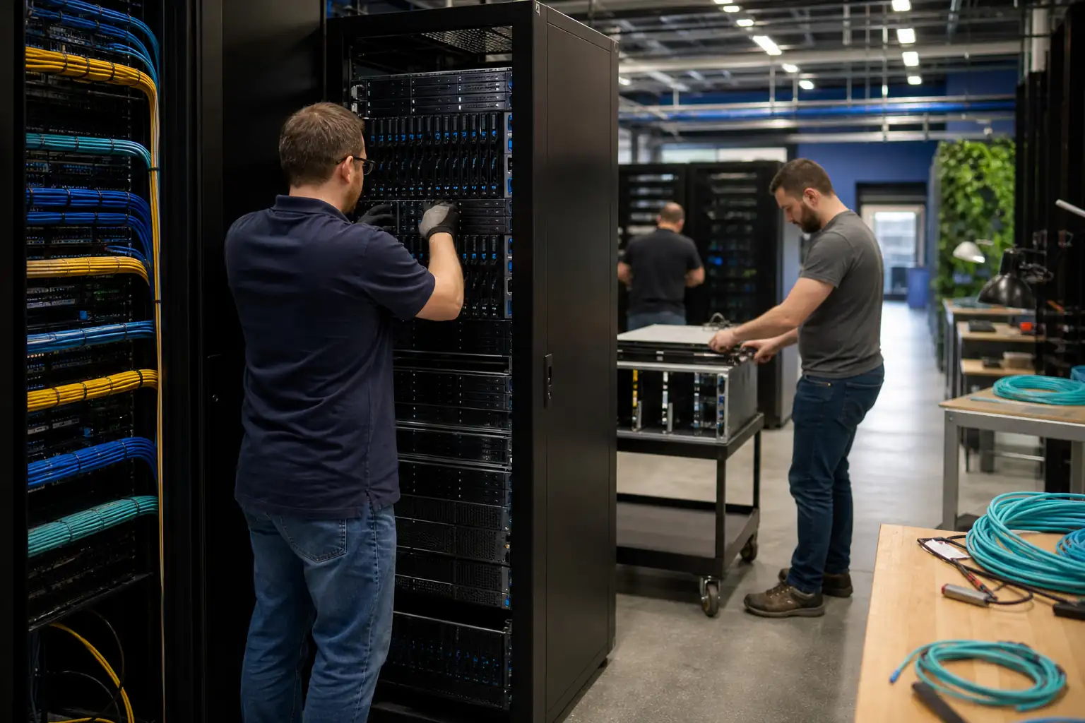 NTS engineers staging server racks with structured cabling before datacenter deployment