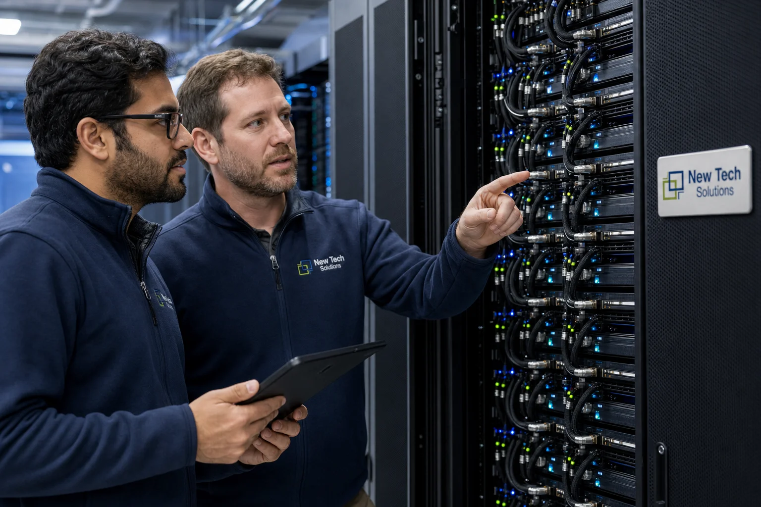 NTS solution architects consulting on an AI and HPC rack with NTS branding on the chassis