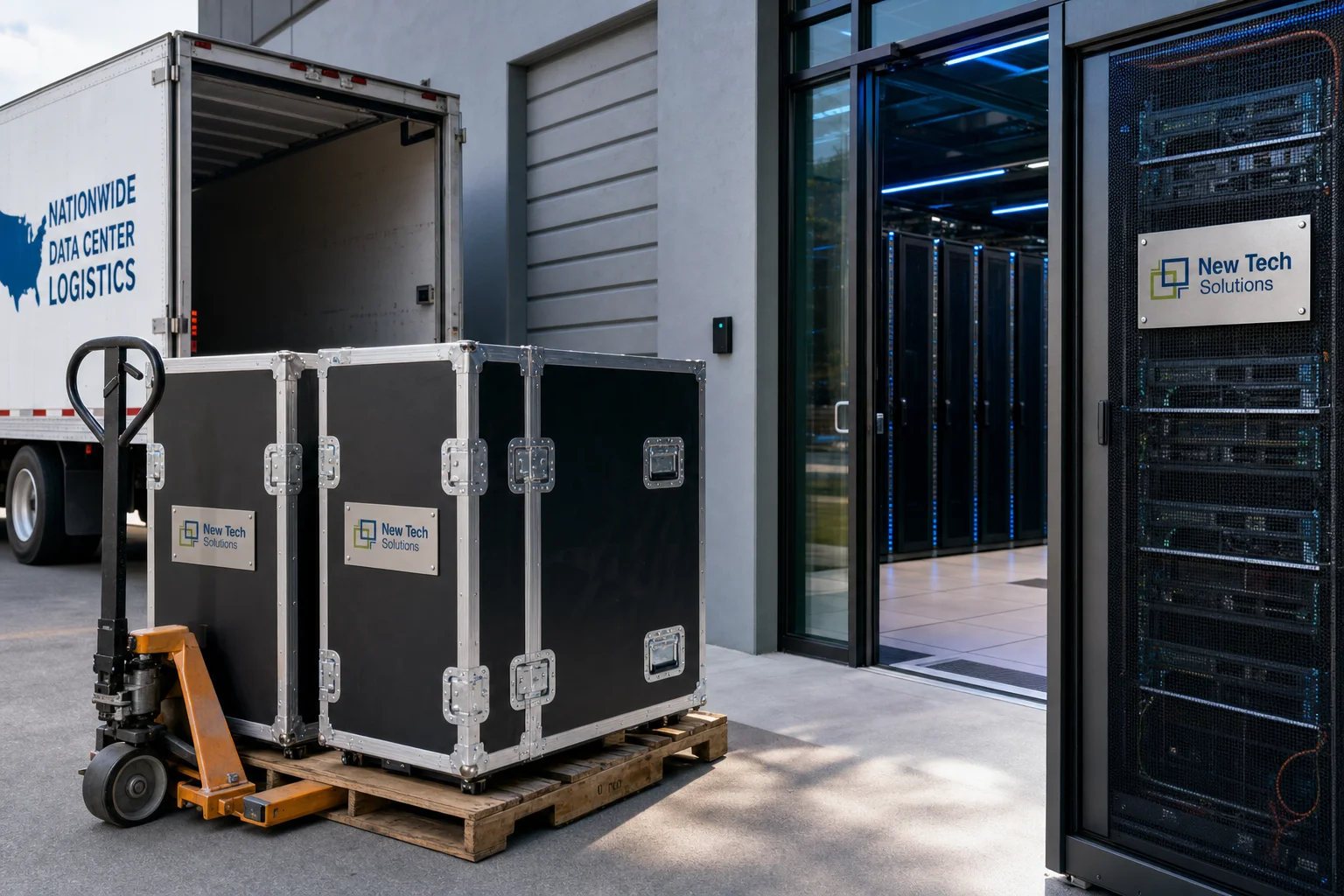 Nationwide U.S. logistics and data center delivery support with NTS-branded equipment crates