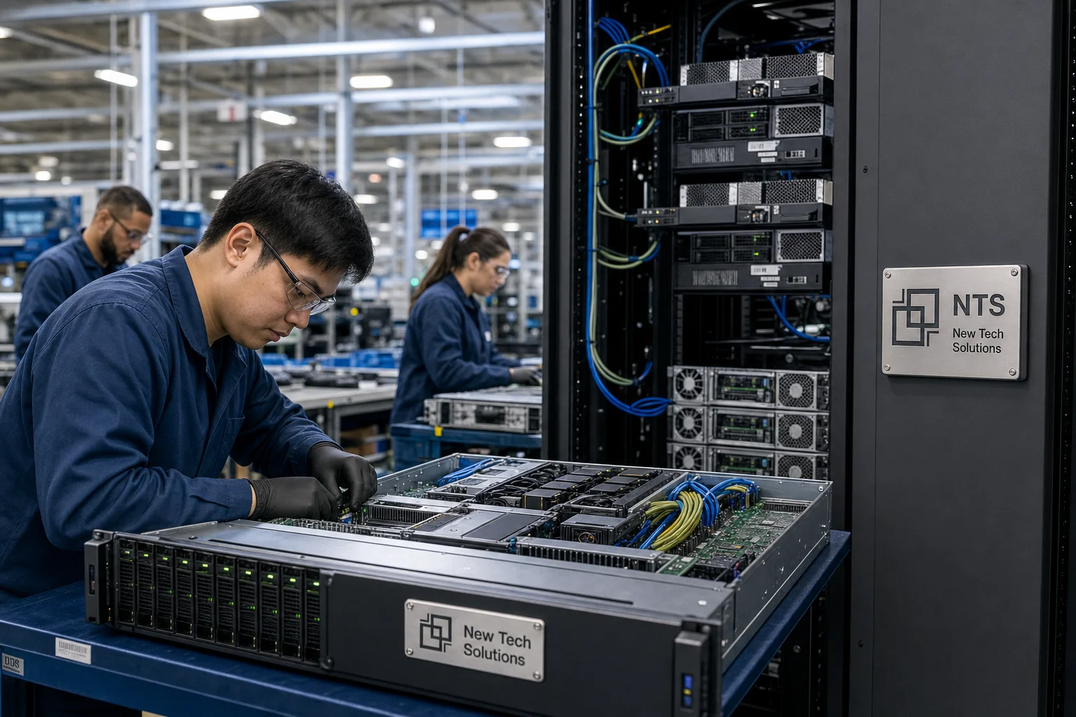 NTS Fremont integration floor — rack staging and burn-in with NTS branding on the rack