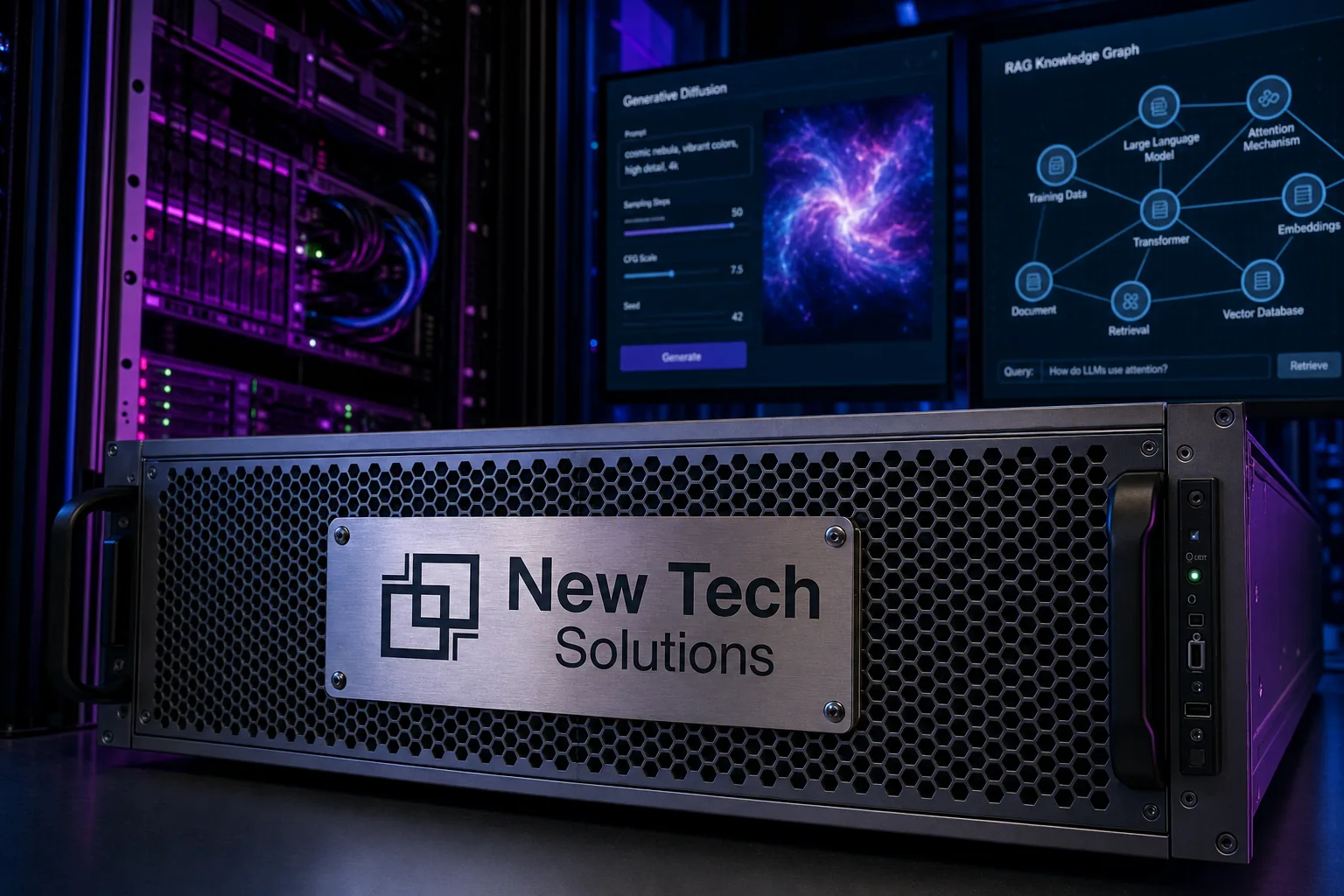 NTS GPU rack powering generative AI, diffusion, LLM serving and RAG infrastructure