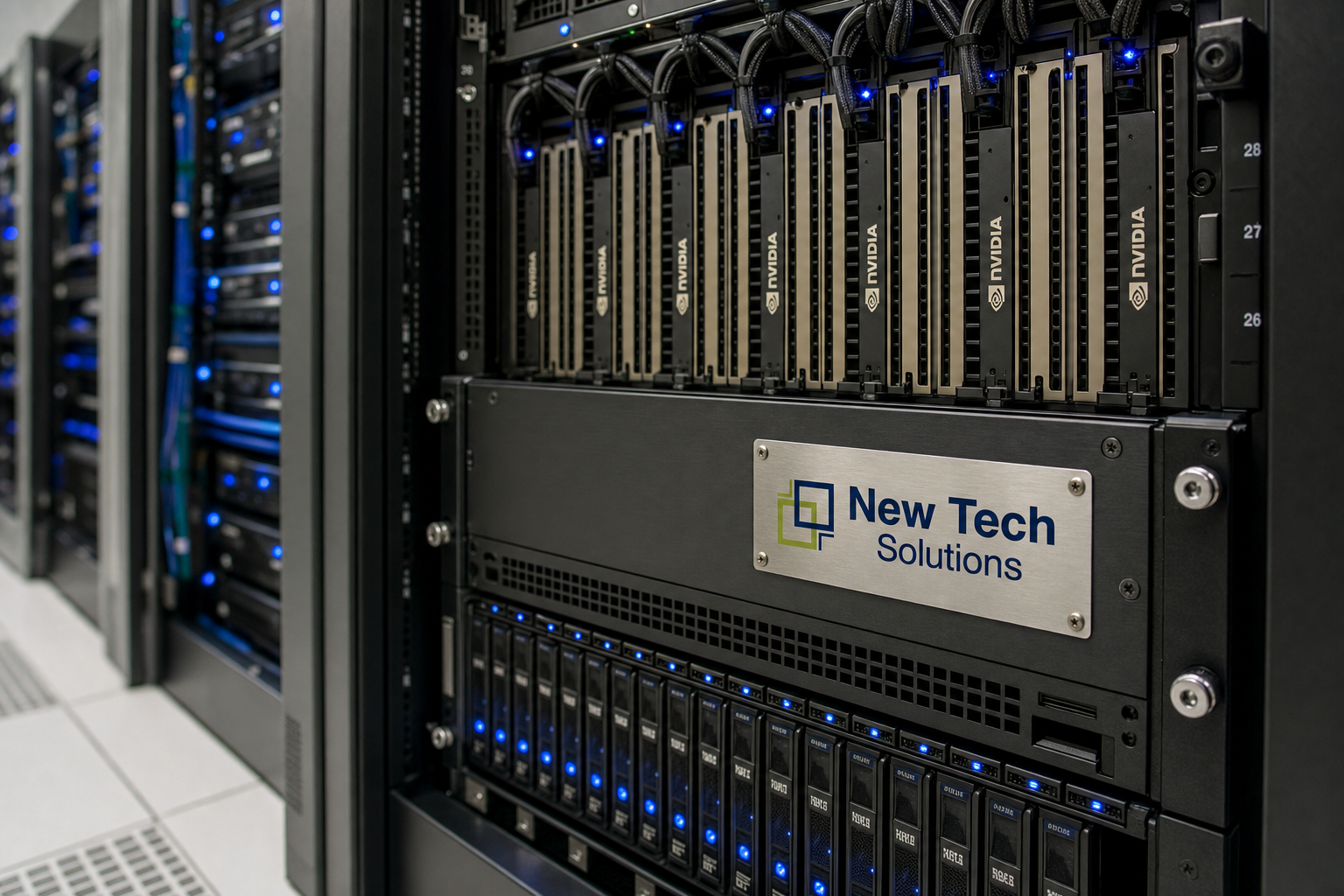 Dense GPU inference rack with NVMe scratch and NTS branding for batch scoring