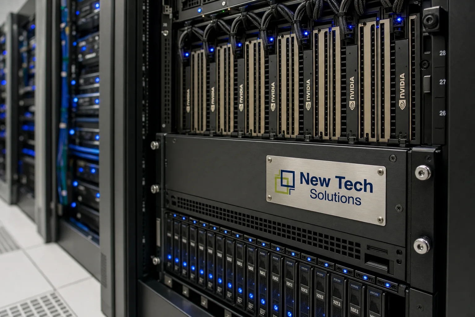Dense GPU inference rack with NVMe scratch and NTS branding for batch scoring