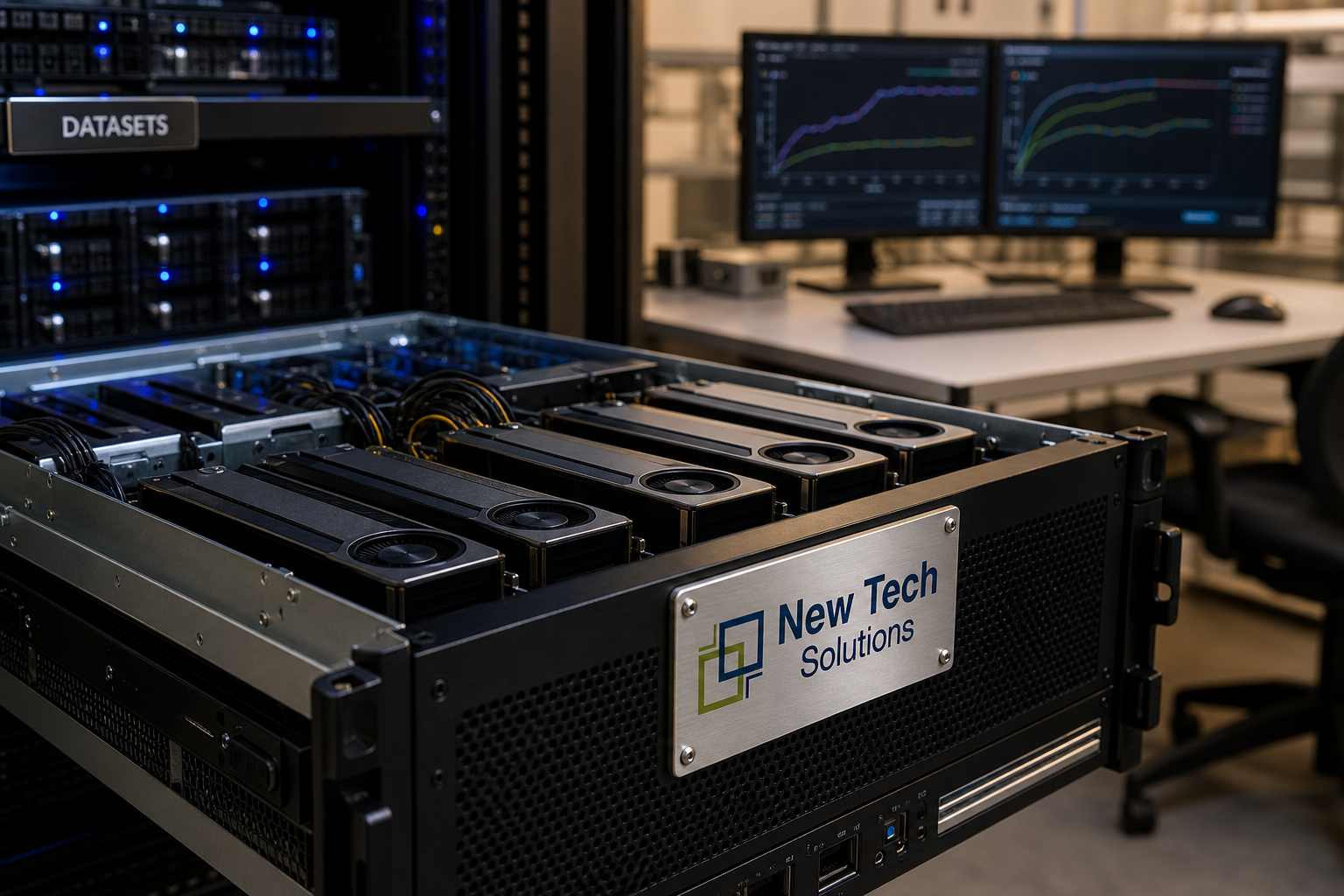 Open GPU tray and dataset staging with NTS plaque for foundation model fine-tuning