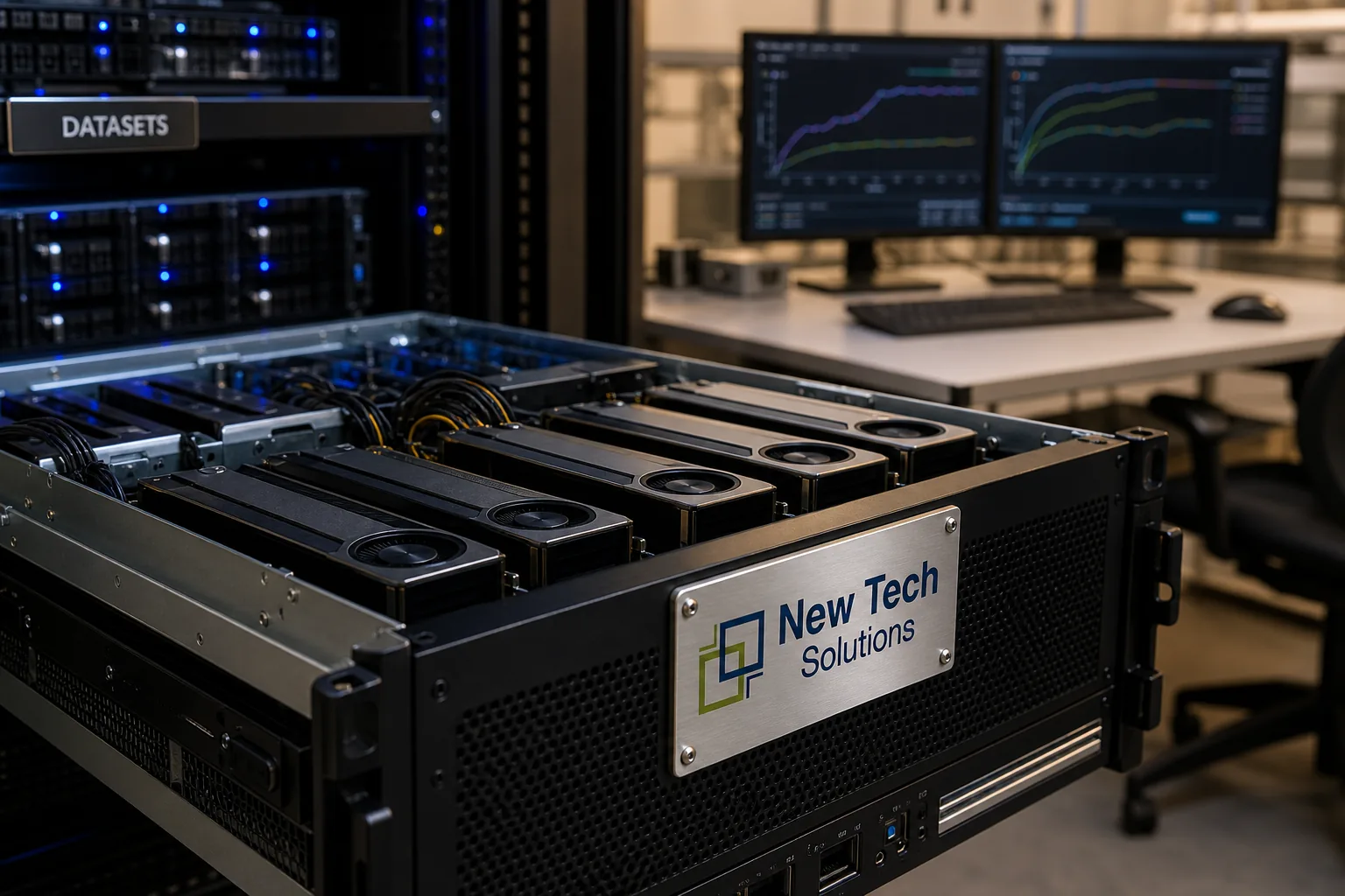Open GPU tray and dataset staging with NTS plaque for foundation model fine-tuning